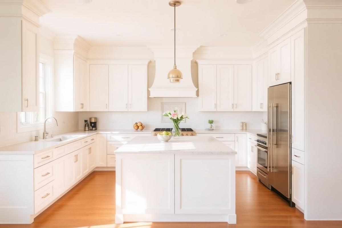 Bright remodeled Florida kitchen with white cabinets and a quartz island
